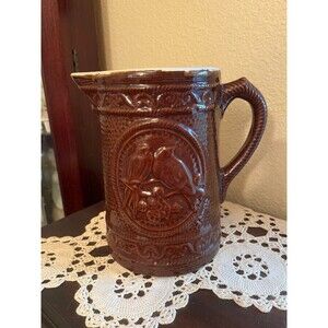 Rare Antique Salt Glazed Stoneware Pitcher 2 Sparrows